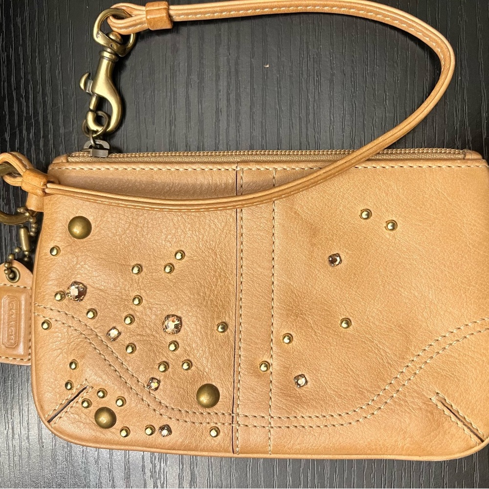 Studded Tan Leather Wristlet